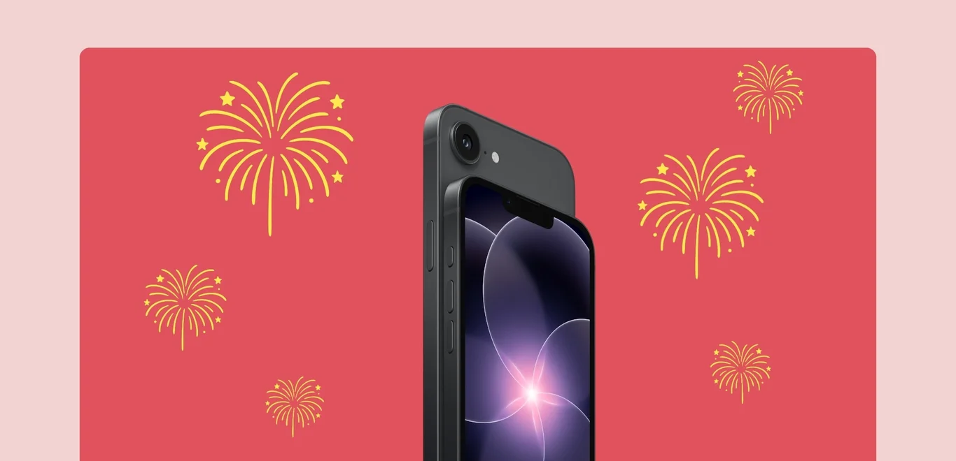 Small gold fireworks burst around a black iPhone 17e angled front screen & back on a medium pink rectangle against a light pink background.